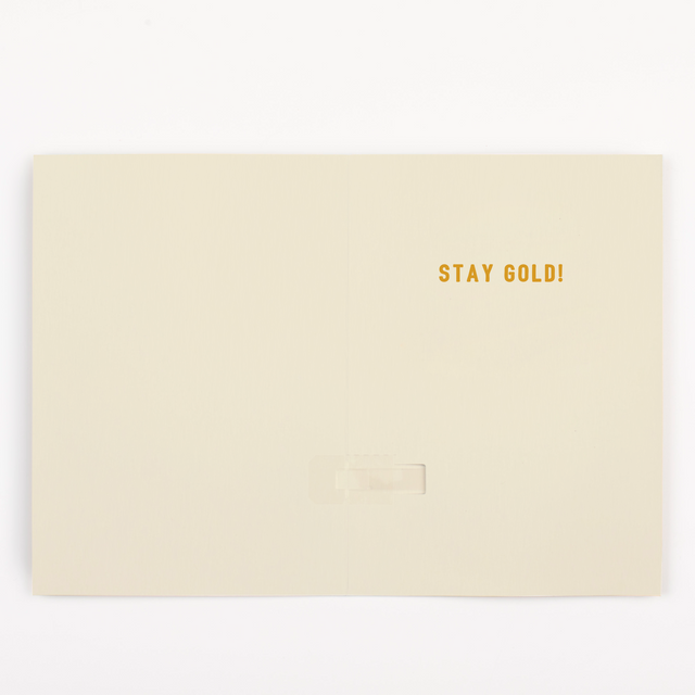 Back of Golden Girls musical card showing Stay Gold message on cream colored background