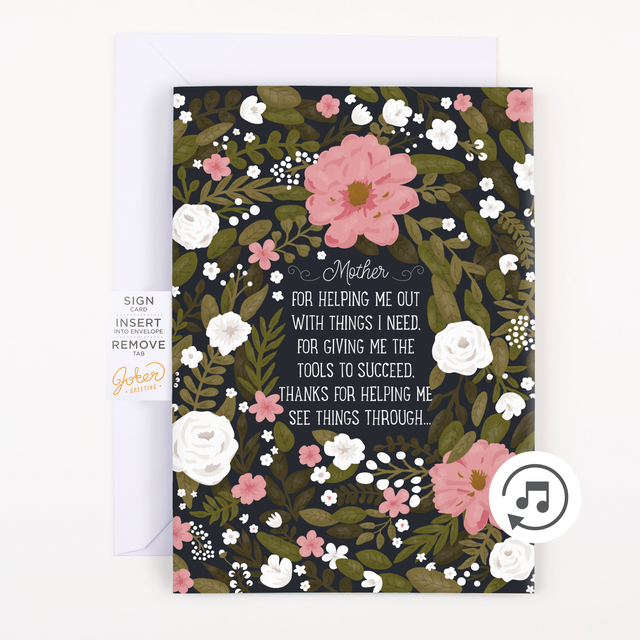 A floral greeting card with pink and white flowers on a green background, featuring text for a mother, and a musical note symbol indicating a sound feature, with a plain white envelope behind it.