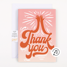 Joker Greeting high five thank you card with pink and red design featuring raised hands celebration