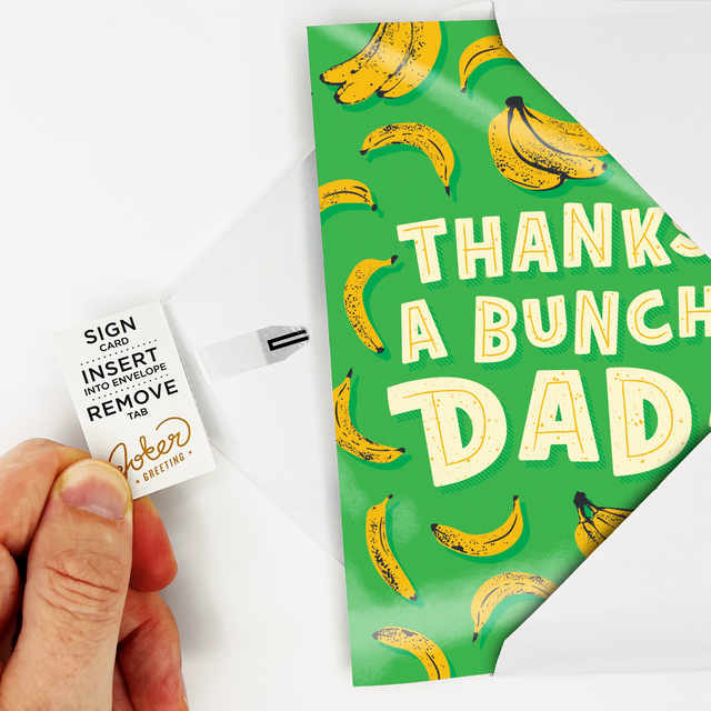 Thank You Dad Card inside white envelope with instructions being pulled out to show how to use