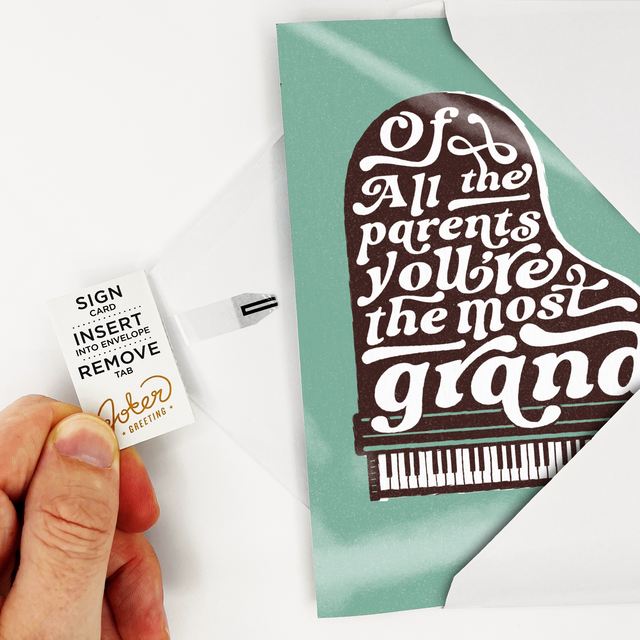 Granparents Thank you Card inside white envelope and pull tab with instructions tab being pulled 