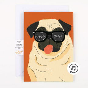 Joker Greeting musical thank you card with orange background featuring cartoon pug wearing sunglasses with "thank you" text and musical note icon