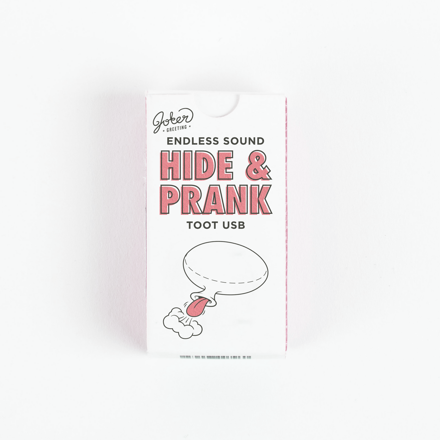 Joker Greeting Hide and Prank Toot USB package with cartoon fart cloud illustration and endless sound prank device branding