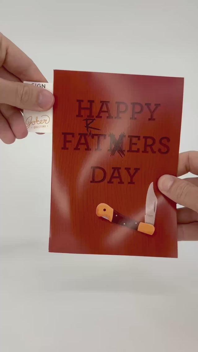 Video of Funny Father’s Day card featuring a woodgrain background with the words “Happy Father’s Day” humorously altered to say “Happy FartXers Day” using knife-scratch markings, and an illustrated pocketknife resting at the bottom. And how it works.
