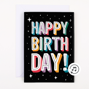 Product with Musical Icon:
Recordable Happy Birthday musical prank card by Joker Greeting showing black starry background with colorful 3D letters and musical note icon indicating sound feature