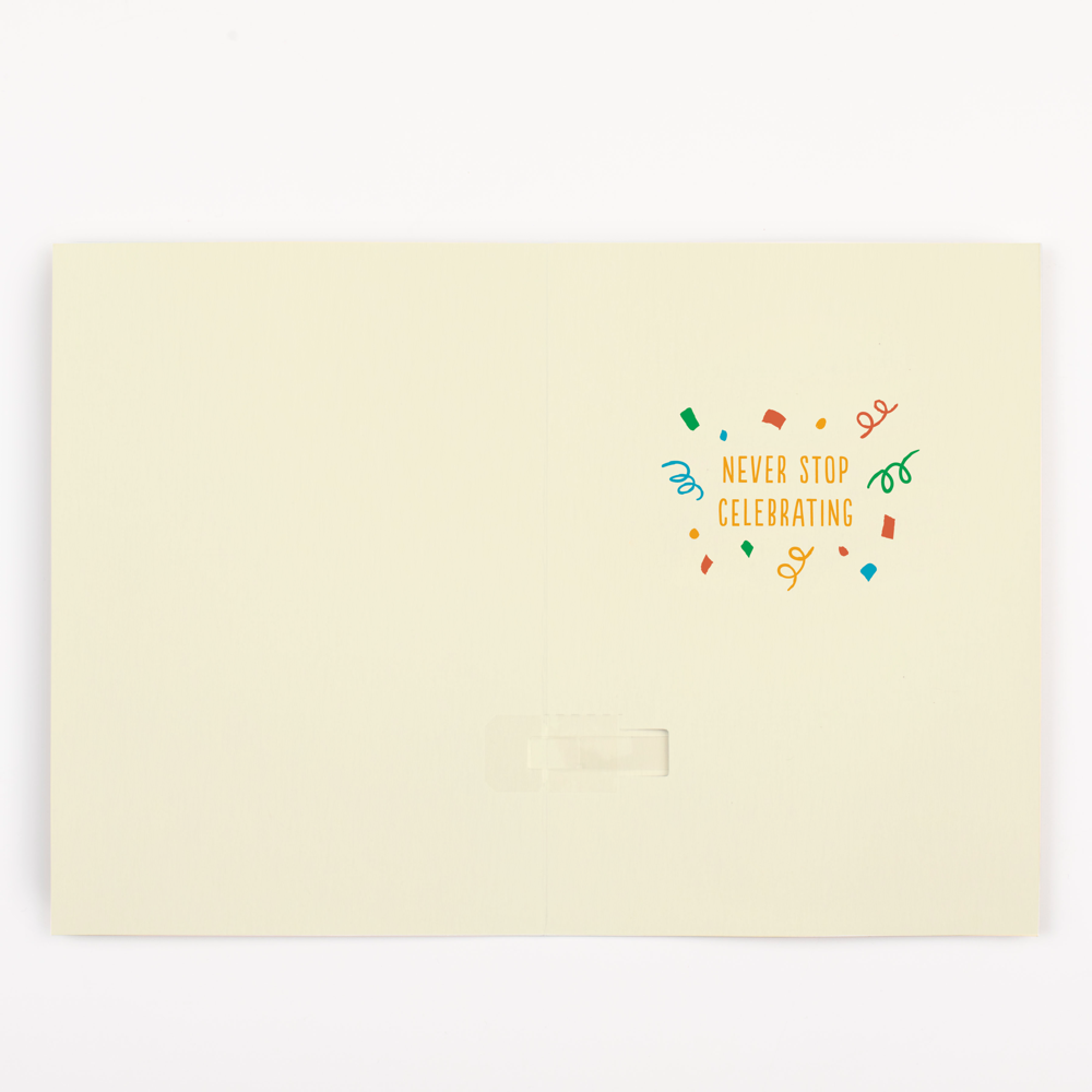 Joker Greeting endless birthday musical card cover with Never Stop Celebrating text and colorful confetti design