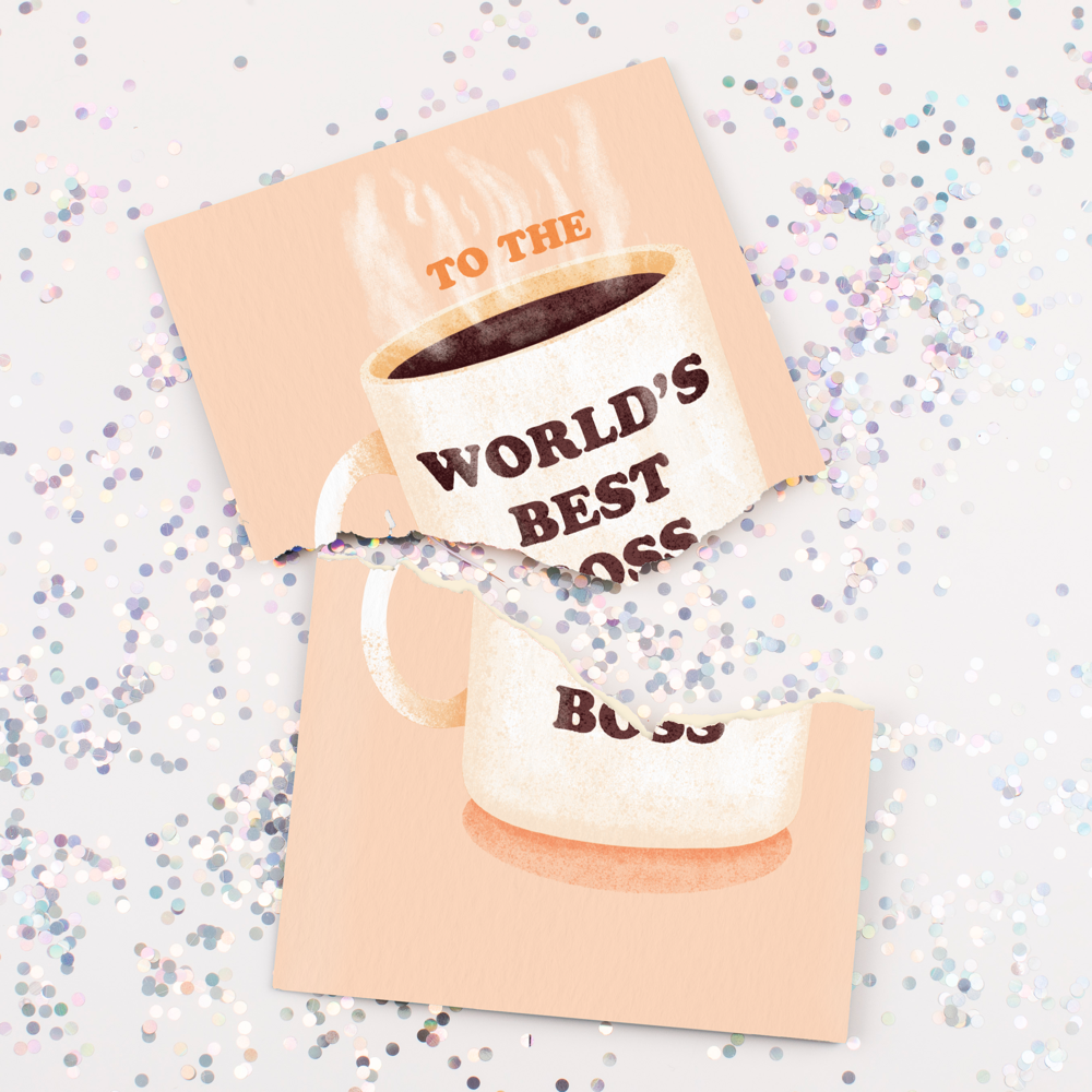 Endless musical best boss card with coffee mug design and large glitter scattered around card from Joker Greeting