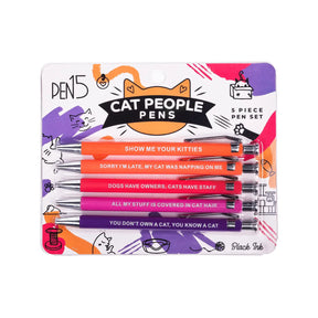 A set of pens with unique phrases on each, presented in a colorful package with cat-themed illustrations.