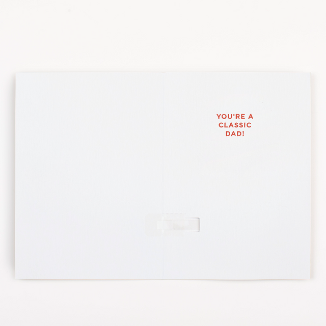 Father's Day prank card interior message 'You're a Classic Dad!' - Rickroll musical greeting card inside text in red lettering