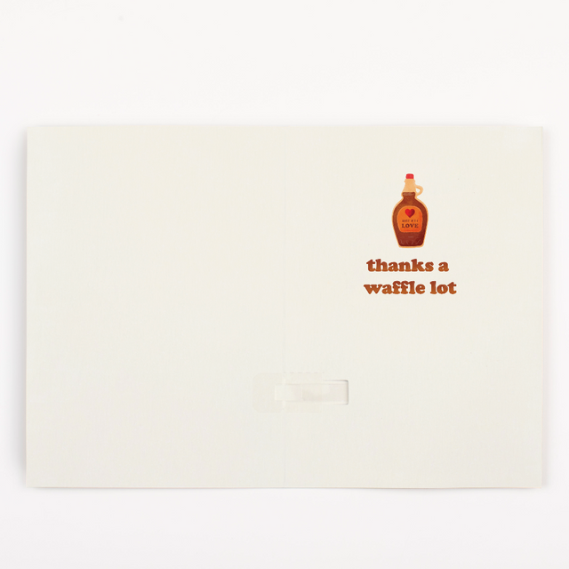 Thanks a waffle lot greeting card with maple syrup bottle design on cream background 