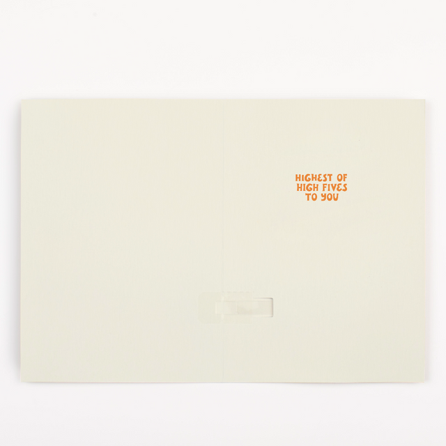 Cream colored thank you card with orange text reading Highest of High Fives to You