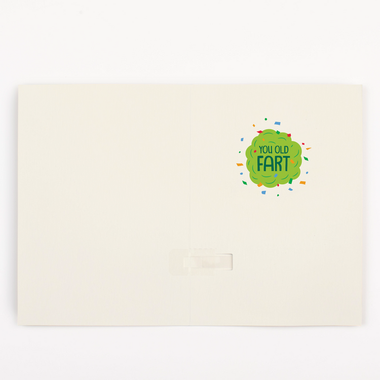 Inside message of birthday fart card - You Old Fart text with green cloud design and colorful confetti border